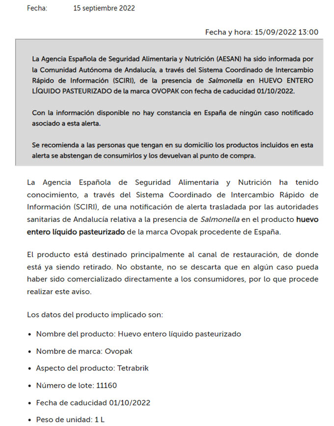 Alerta alimentaria salmonella