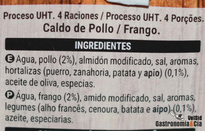 Ingredientes del caldo de pollo comercial de la marca Hacendado